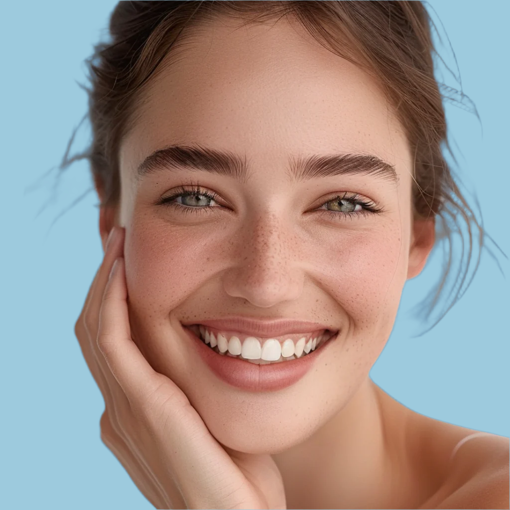 Woman with a bright smile against a blue background